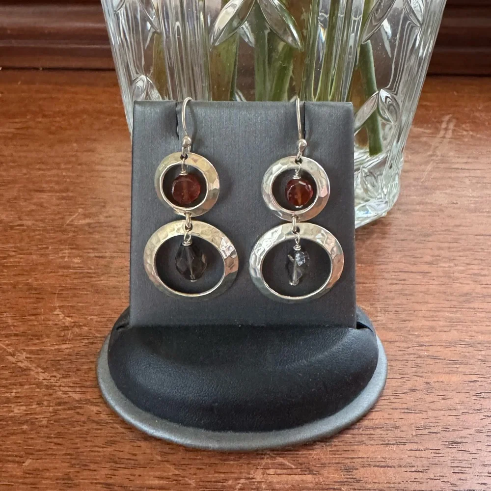 Vintage Sterling Silver Hammered Hoop Earrings with Amber and Smokey Quartz - Picture 2 of 4